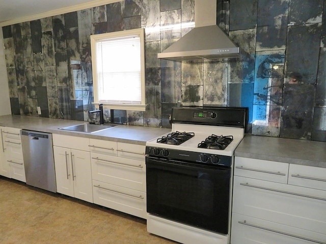 kitchen with sink, dishwasher, white cabinetry, range with gas cooktop, and wall chimney exhaust hood