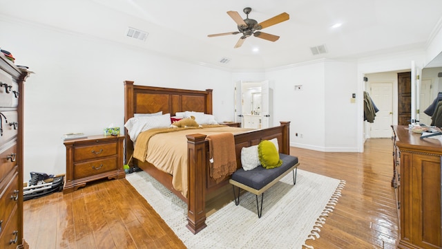 4615 94th St, Lubbock, TX 79424 - bedroom with light wood-style flooring, ornamental molding, a ceiling fan, baseboards, and recessed lighting