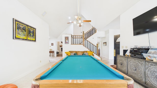 4615 94th St, Lubbock, TX 79424 - recreation room with billiards table, high vaulted ceiling, a ceiling fan, and baseboards