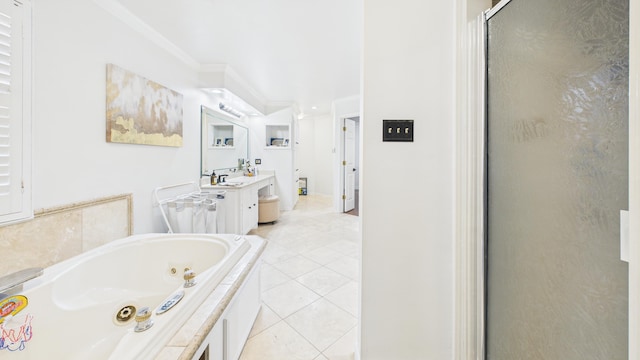 4615 94th St, Lubbock, TX 79424 - full bathroom with a whirlpool tub, tile patterned floors, crown molding, a stall shower, and vanity