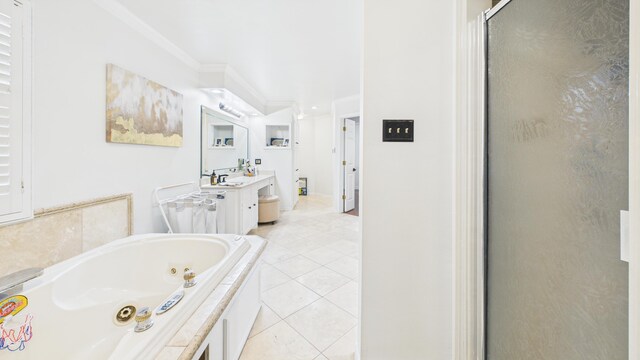 4615 94th St, Lubbock, TX 79424 - full bathroom with a whirlpool tub, tile patterned floors, crown molding, a stall shower, and vanity