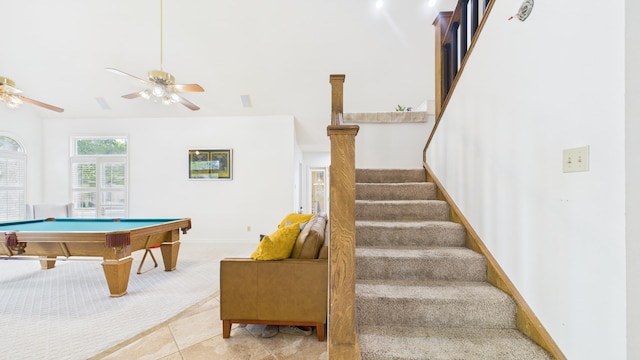 4615 94th St, Lubbock, TX 79424 - rec room featuring billiards, a ceiling fan, baseboards, and high vaulted ceiling