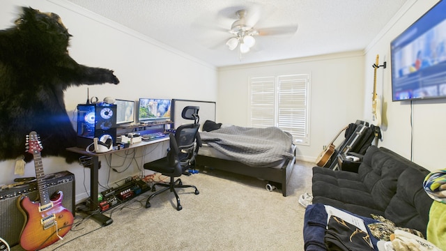 4615 94th St, Lubbock, TX 79424 - carpeted bedroom featuring crown molding, a desk, ceiling fan, and a textured ceiling