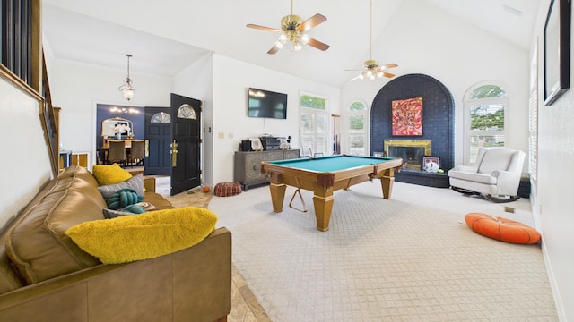 4615 94th St, Lubbock, TX 79424 - game room with pool table, healthy amount of natural light, a fireplace, ceiling fan, and high vaulted ceiling