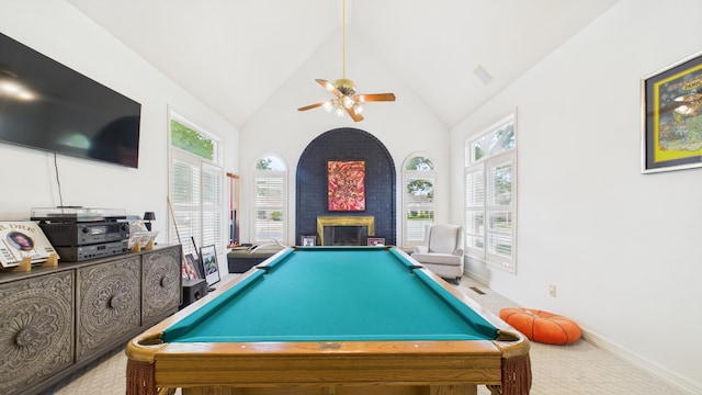 4615 94th St, Lubbock, TX 79424 - game room with plenty of natural light, billiards, a fireplace, and high vaulted ceiling