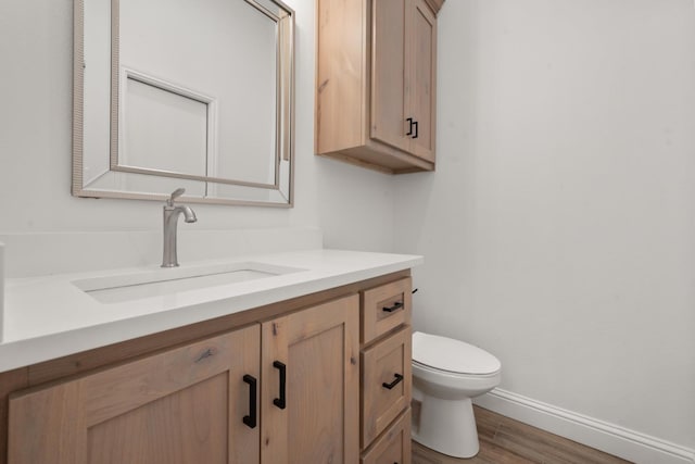 bathroom with vanity, toilet, and wood-type flooring