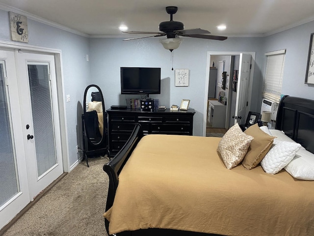 carpeted bedroom featuring cooling unit, crown molding, french doors, and ceiling fan
