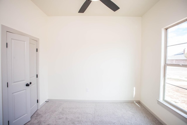 spare room featuring ceiling fan and carpet flooring