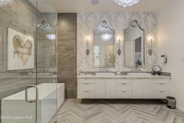 11604 Uxbridge Ave, Lubbock, TX 79424 - full bath with a shower stall, double vanity, and wallpapered walls