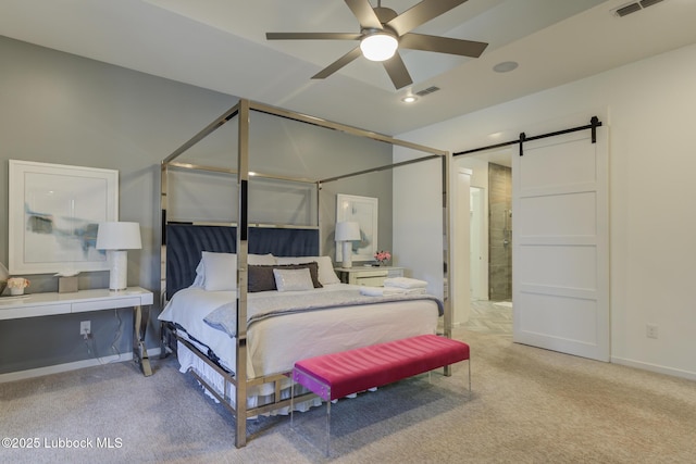 11604 Uxbridge Ave, Lubbock, TX 79424 - carpeted bedroom featuring a barn door and ceiling fan