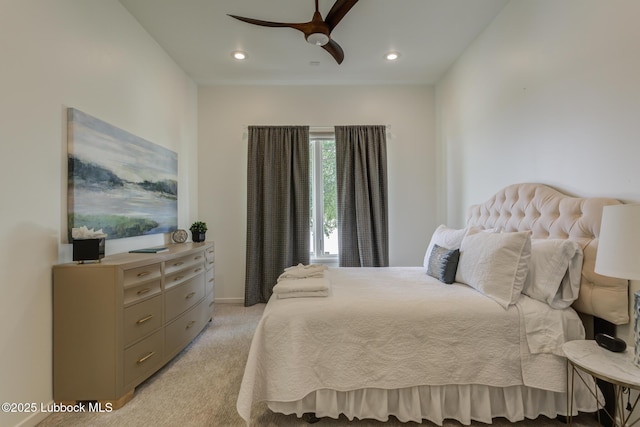 11604 Uxbridge Ave, Lubbock, TX 79424 - bedroom with light carpet, recessed lighting, and a ceiling fan