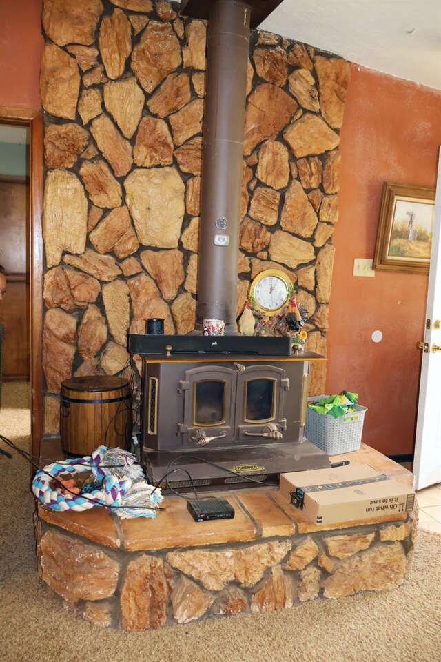 details featuring carpet floors and a wood stove