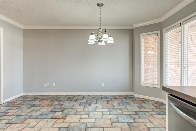 unfurnished dining area featuring ornamental molding, plenty of natural light, and a notable chandelier