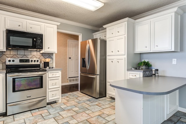 kitchen featuring white cabinetry, backsplash, ornamental molding, stainless steel appliances, and a textured ceiling