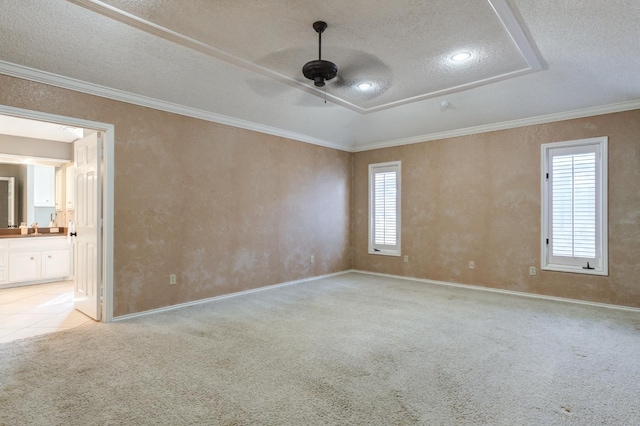 carpeted spare room with a wealth of natural light, ornamental molding, and a textured ceiling