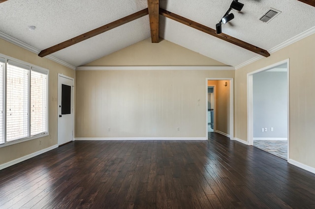 unfurnished living room with vaulted ceiling with beams, dark hardwood / wood-style floors, and a textured ceiling