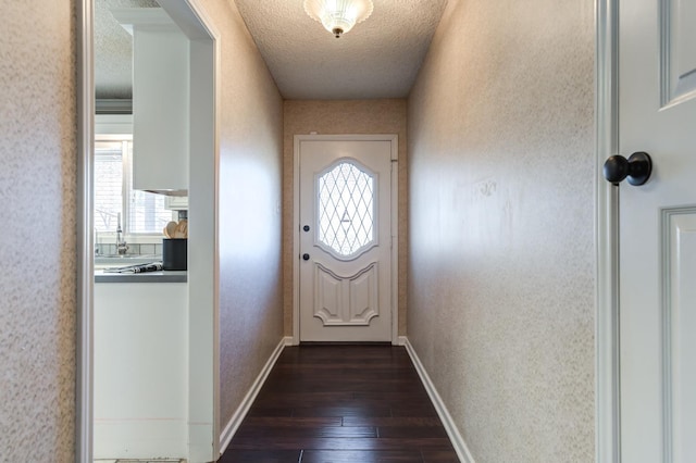 doorway to outside with sink, dark hardwood / wood-style floors, and a textured ceiling