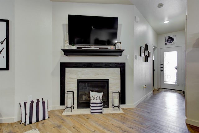 living area featuring a premium fireplace, wood finished floors, and baseboards