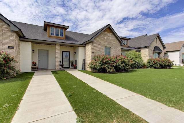 view of front of property with brick siding, roof with shingles, and a front yard