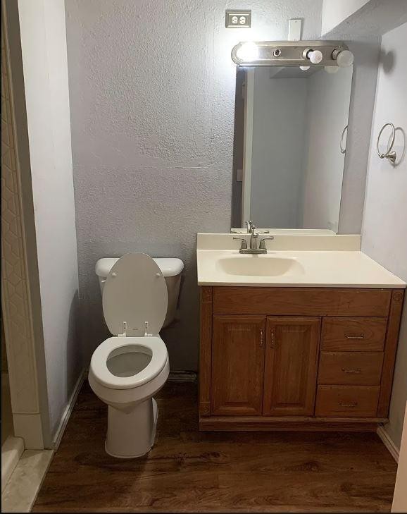 bathroom with hardwood / wood-style flooring, vanity, and toilet