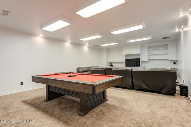 4510 21st St, Lubbock, TX 79407 - recreation room featuring light colored carpet, billiards, and ornamental molding