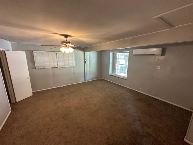 carpeted empty room with a wall mounted air conditioner and ceiling fan