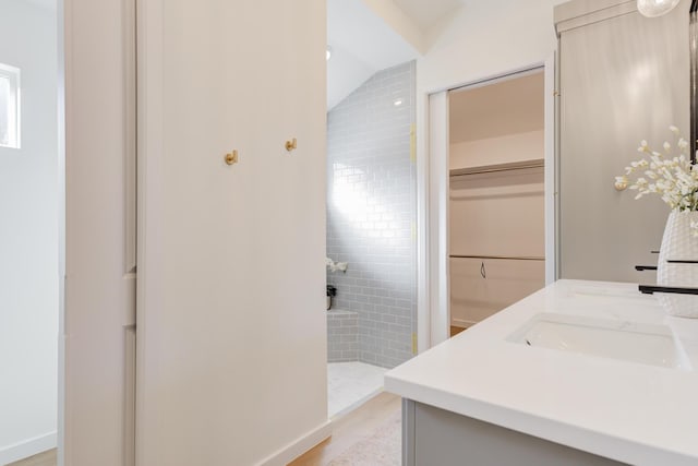 bathroom with vanity and a tile shower