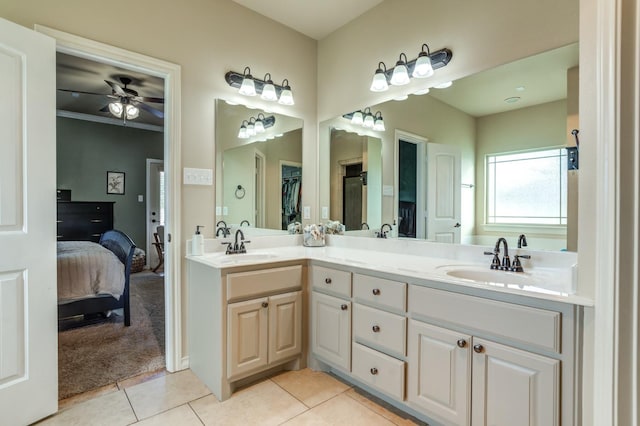 bathroom with vanity, tile patterned floors, and ceiling fan