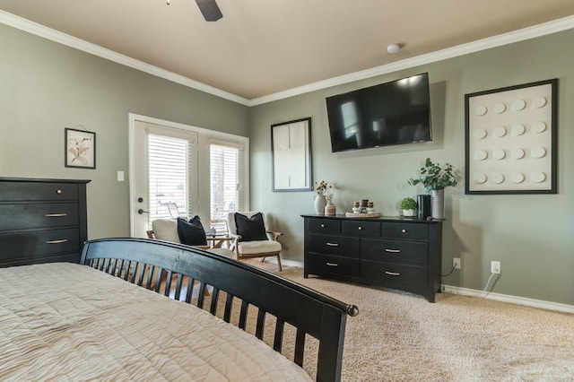 bedroom featuring crown molding, light carpet, and ceiling fan