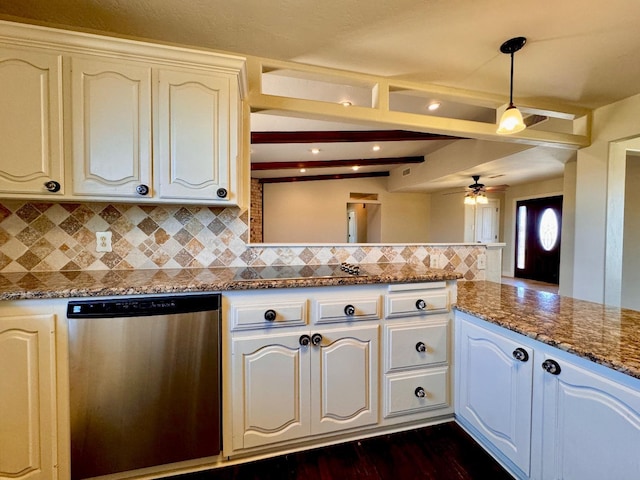 kitchen with dark stone countertops, backsplash, stainless steel dishwasher, kitchen peninsula, and beamed ceiling