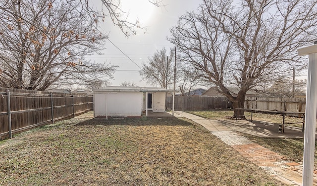 view of yard with a patio and a storage shed