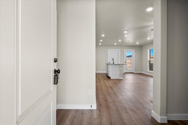 interior space with dark hardwood / wood-style flooring and sink