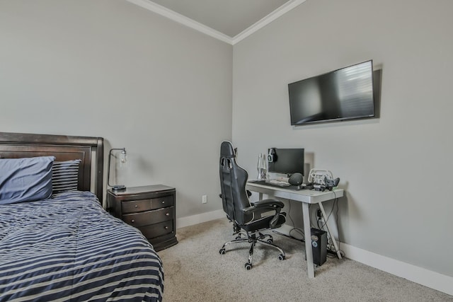 carpeted bedroom with ornamental molding