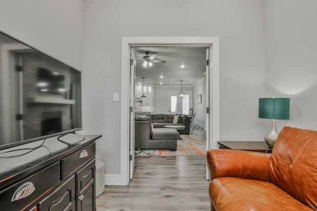 living room featuring ceiling fan and light wood-type flooring