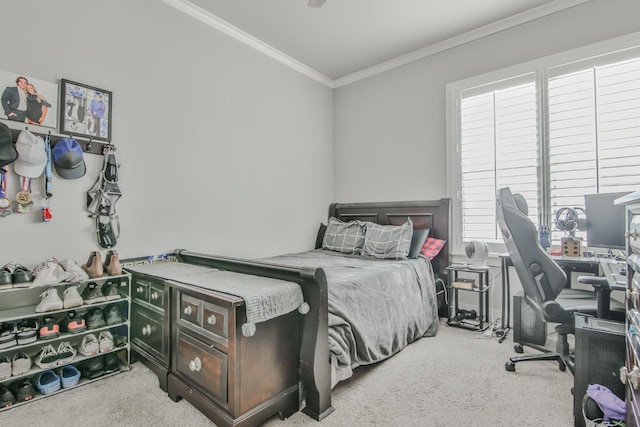 carpeted bedroom featuring ornamental molding