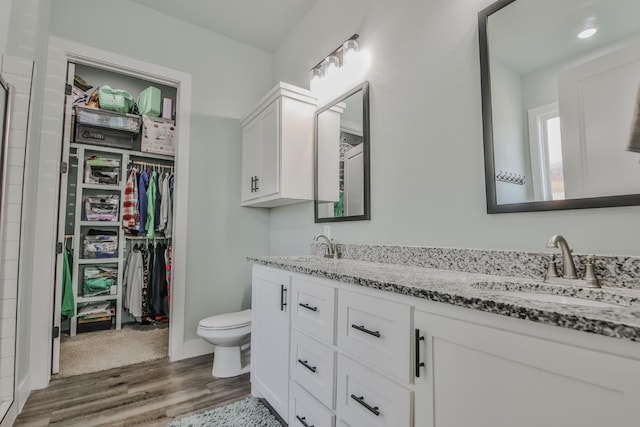 bathroom featuring wood-type flooring, vanity, and toilet