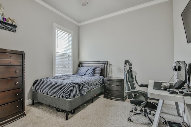 carpeted bedroom featuring crown molding