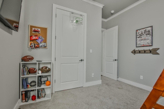 carpeted bedroom featuring ornamental molding