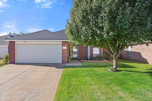 1709 76th St, Lubbock, TX 79423 - view of front of house with brick siding, concrete driveway, a garage, and a front yard