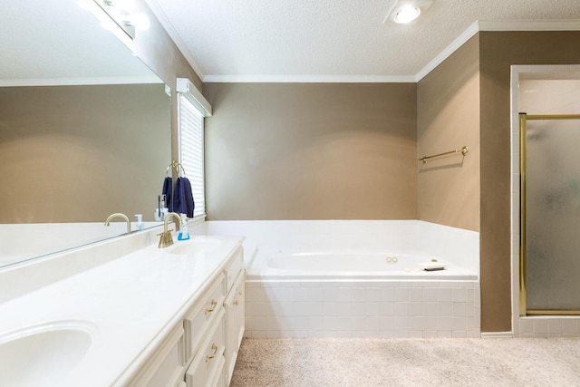 9613 Vicksburg Ave, Lubbock, TX 79424 - bathroom with a stall shower, double vanity, a garden tub, a textured ceiling, and crown molding
