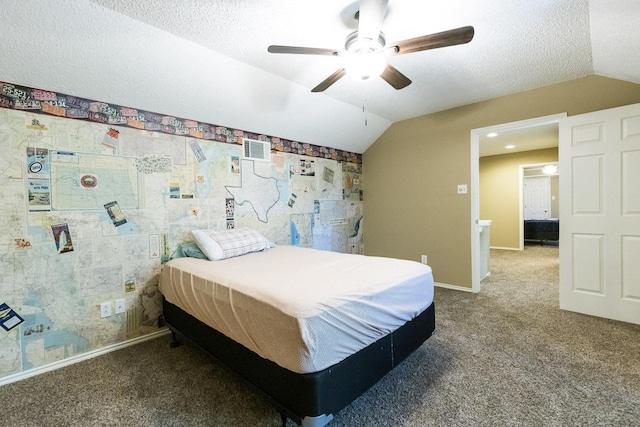 9613 Vicksburg Ave, Lubbock, TX 79424 - bedroom featuring vaulted ceiling, carpet, a textured ceiling, and ceiling fan