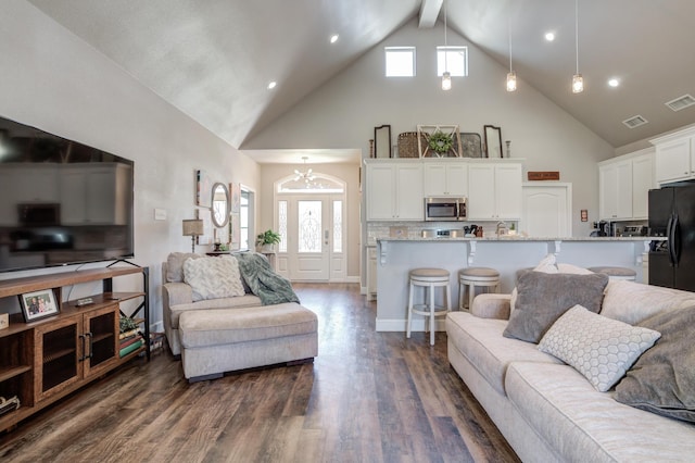 4902 Marshall St, Lubbock, TX 79416 - living room featuring high vaulted ceiling, dark wood-style flooring, a chandelier, recessed lighting, and beamed ceiling