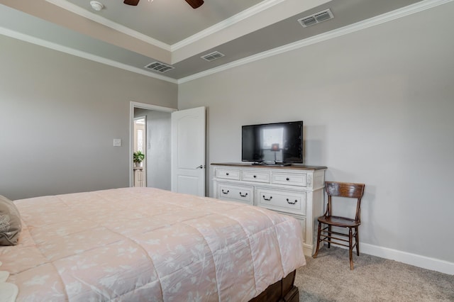 4902 Marshall St, Lubbock, TX 79416 - bedroom with light colored carpet, ornamental molding, and a ceiling fan