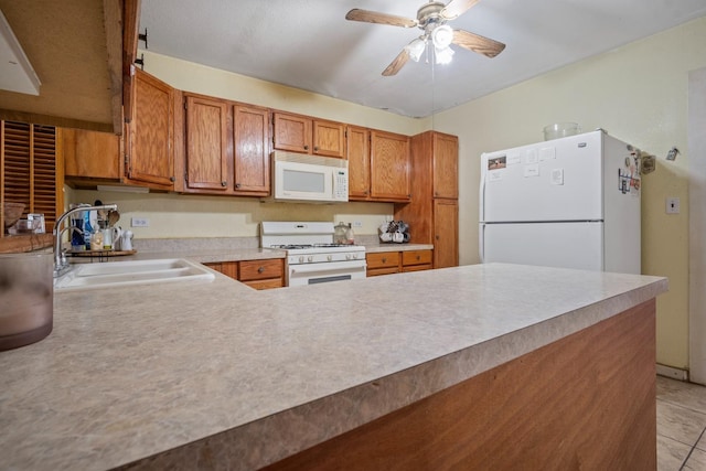 kitchen featuring sink, white appliances, kitchen peninsula, and ceiling fan