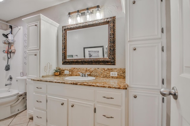 full bathroom featuring toilet, shower / tub combination, vanity, and tile patterned floors