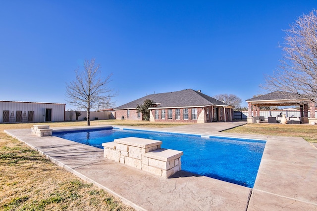 view of pool with a fenced in pool, a fenced backyard, a gazebo, a yard, and a patio area