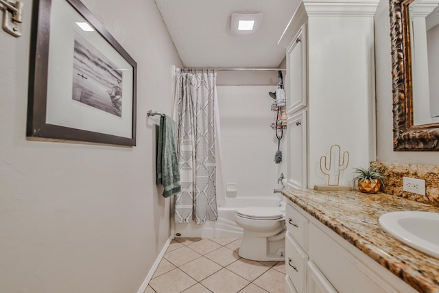 bathroom featuring toilet, vanity, tile patterned flooring, a textured ceiling, and shower / bath combination with curtain