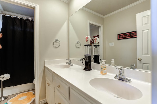 bathroom featuring ornamental molding and vanity