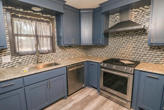 kitchen with appliances with stainless steel finishes, sink, backsplash, and wall chimney exhaust hood