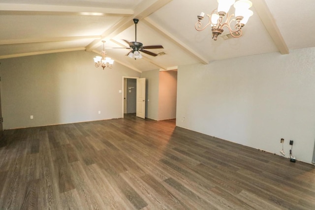 interior space with vaulted ceiling with beams, ceiling fan with notable chandelier, and dark hardwood / wood-style floors